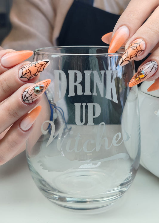 Etched Stemless Wine Glass