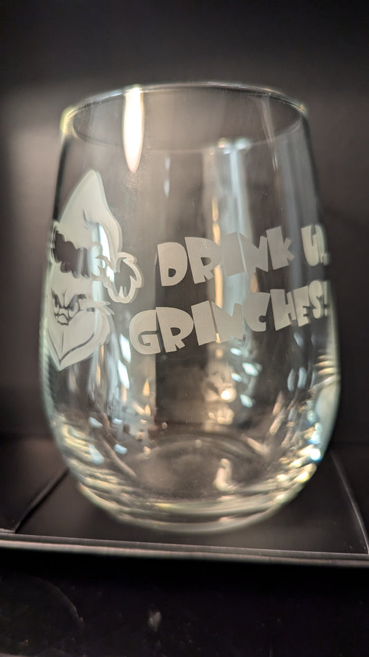 Etched Stemless Wine Glass